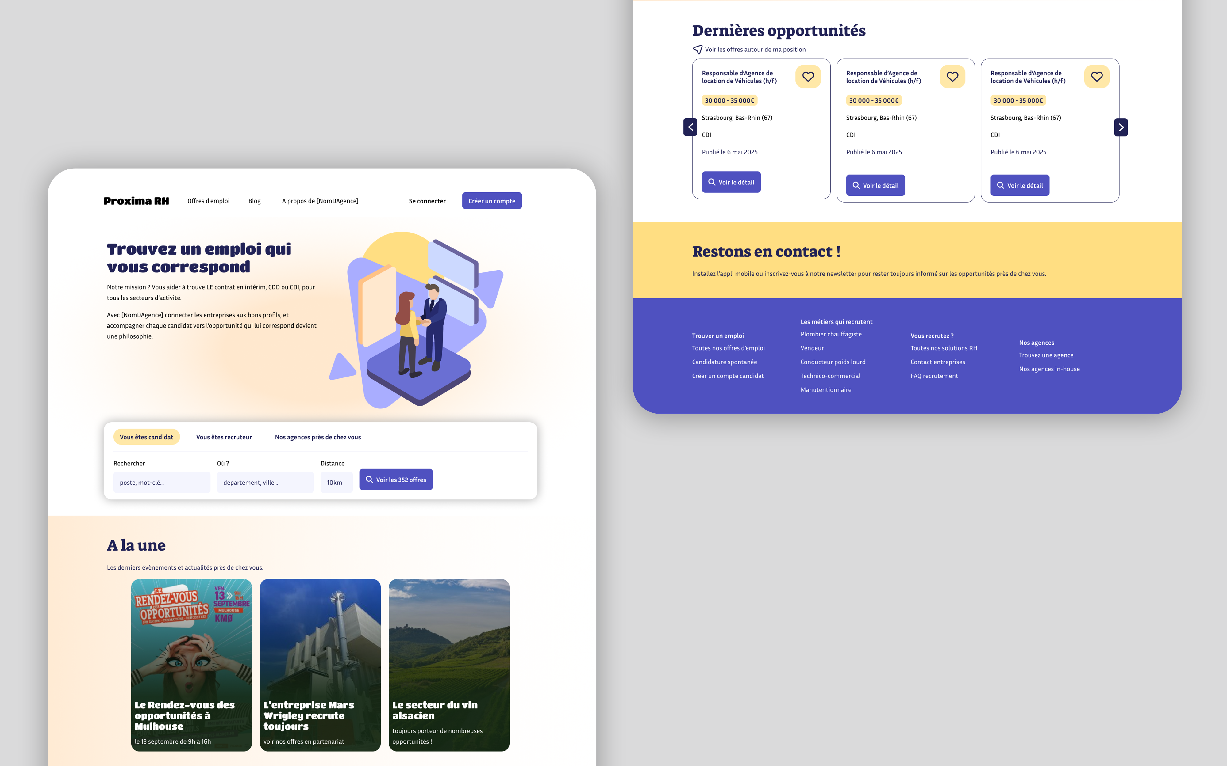  The landing page of Proxima RH, a fictive job agency in France created by Laura Bacher, UI/UX graphic designer.
                     webdesigner project manager. The image shows a laptop opened on the agency page, with a lottie style illustration
                     and a search bar.